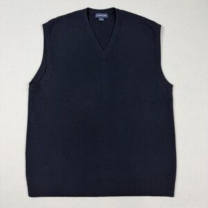 Vintage Lands End Mens Large Navy Blue 100% Wool V-Neck Sweater Vest Made In USA